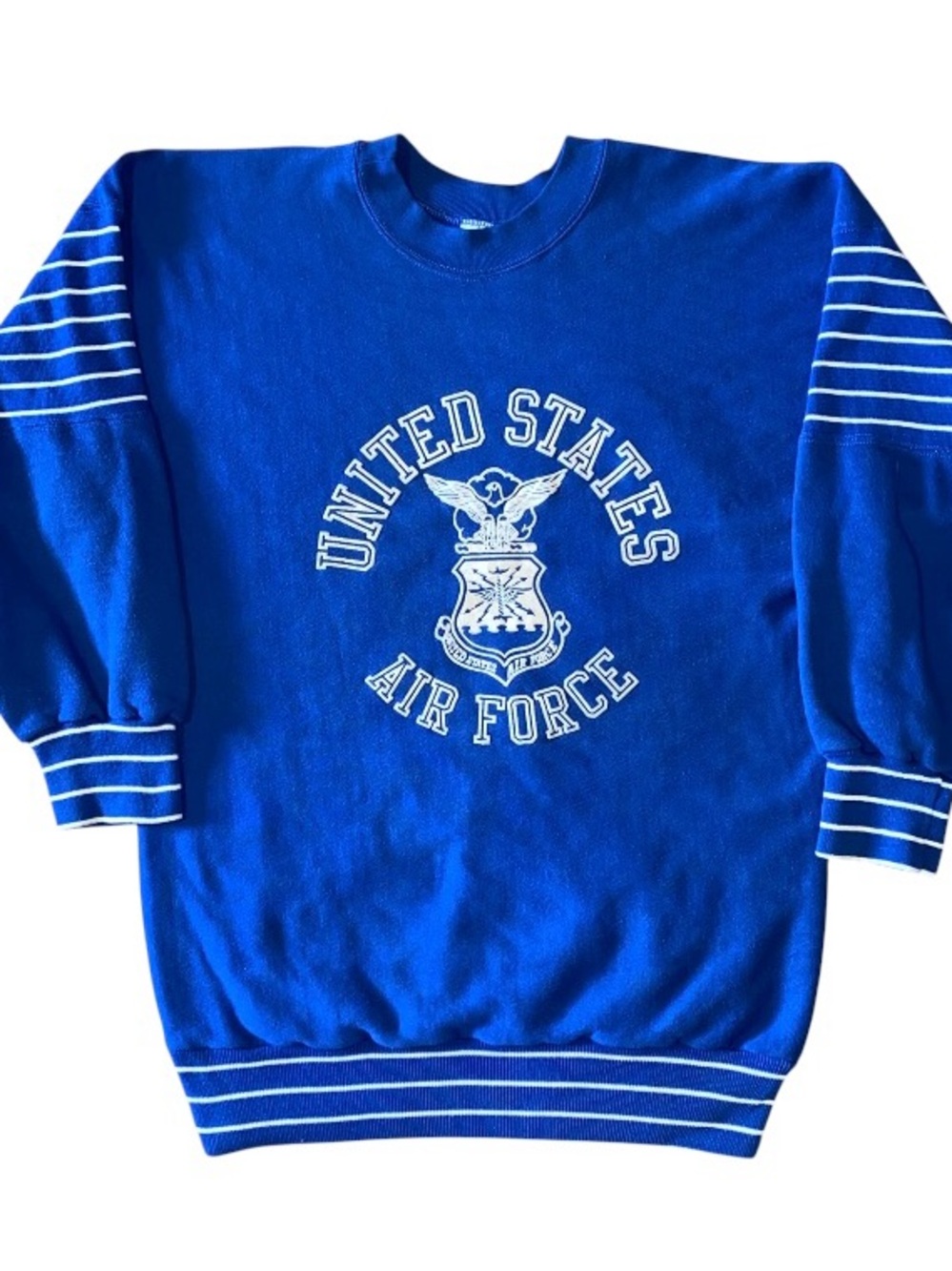 Vintage 80’s US Air Force Sweatshirt Striped Sleeves Blue Crew USA Medium (DB1)